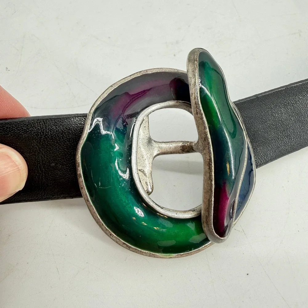 Chicos Enamel Buckle Belt Womens ML Black Leather Multi Color Artisan Vintage